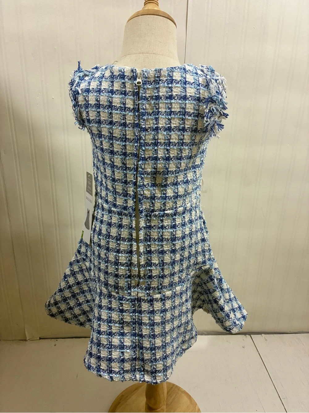 Blue Tweed Girls Dress with Velvet Bow